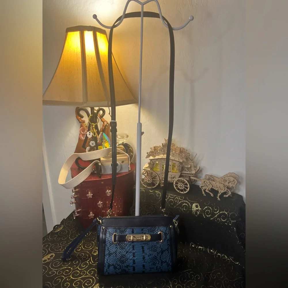 Coach Swagger Exotic Python Snake Skin Blue and Black Crossbody Wristlet